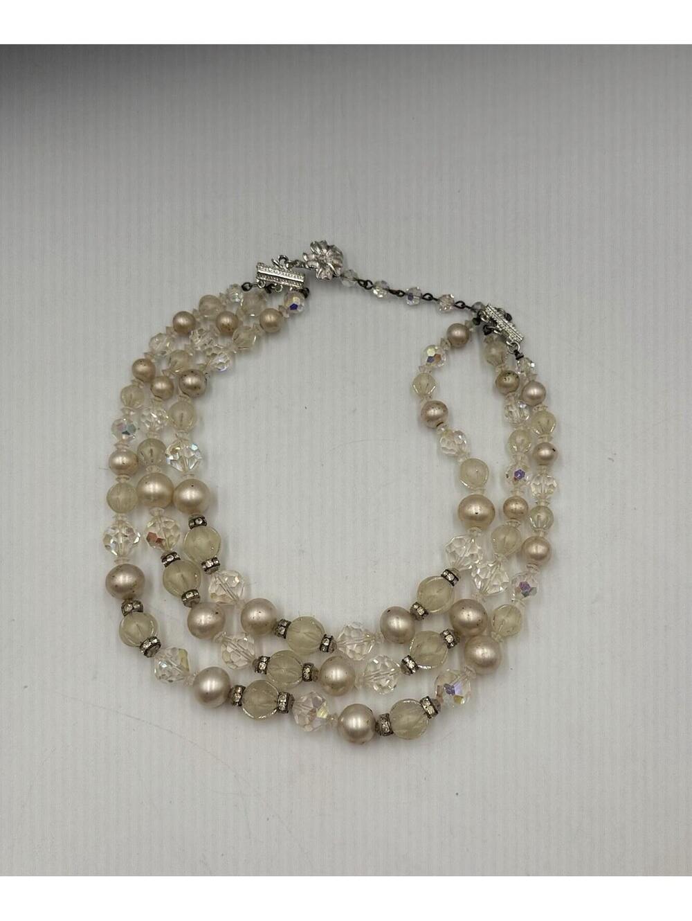 VENDOME Vintage Triple Strand Necklace Crystal Faux Pearl Signed